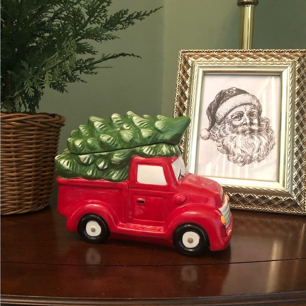 Festive Red Truck with Green Christmas Tree Small Cookie Jar